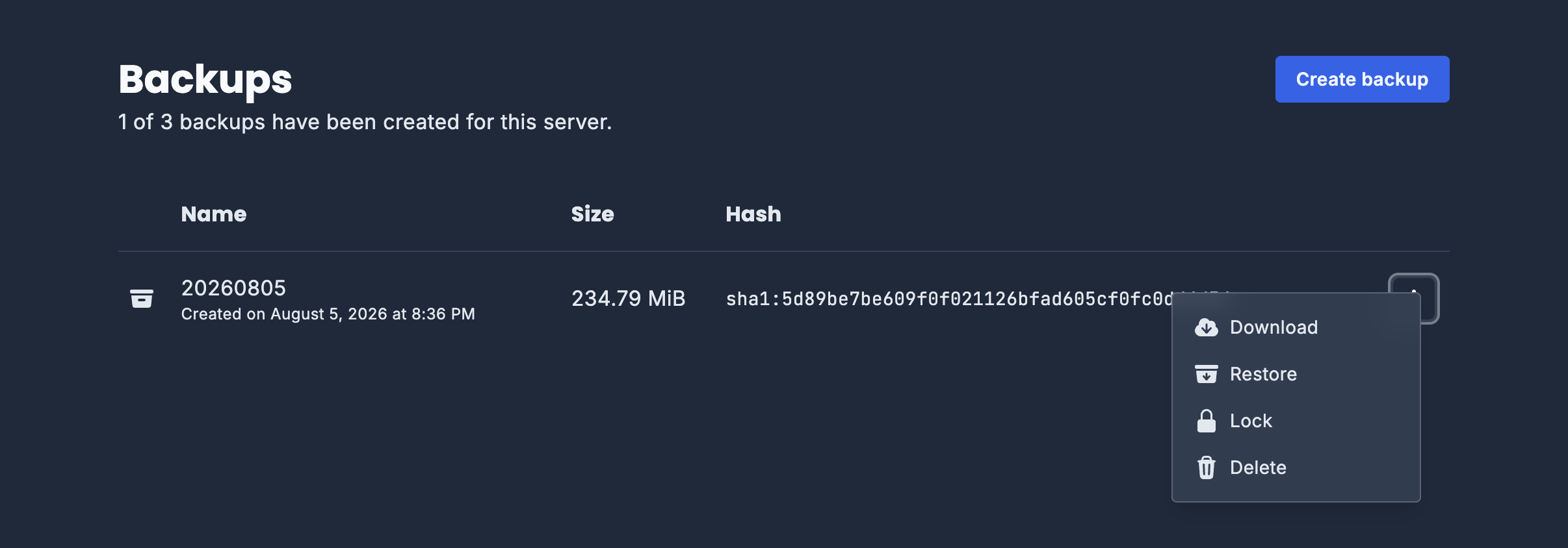 AgamesのBackups画面。バックアップにDownload・Restore・Lock・Deleteのメニューとsha1ハッシュが表示されている実機画面